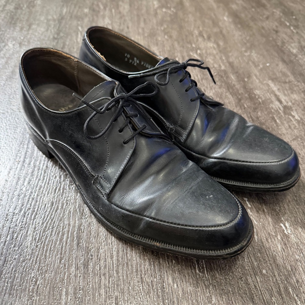Walk-Over Derby Shoes Mens 10.5 B Black Leather Apron Toe Lace Up‎ Vintage Dress